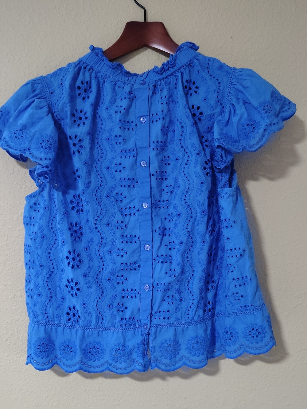 Jennifer & Grace 100% Cotton Eyelet Ruffle High Neck Button Back Top Size L Boho - Picture 6 of 13